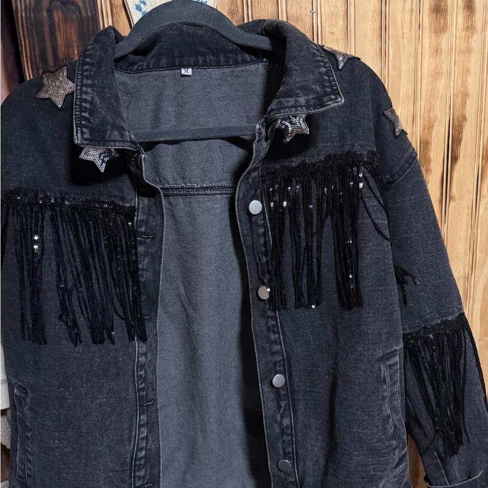 Black Denim Jacket with Fringe and Star Accents